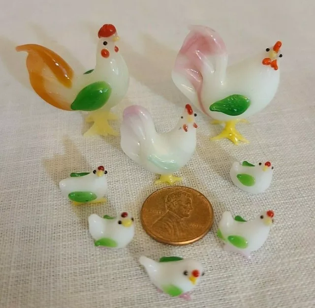 Vintage glass miniature rooster bird family set of 8 micro mini figurine lot #2