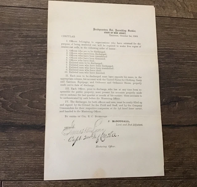 Civil War 1864 NJ Volunteer Recruiting Office Circular Discharge Of Officers
