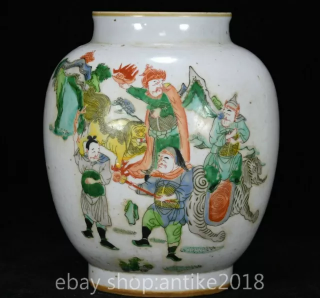 8" Old Chinese Kangxi Dynasty Wu cai Porcelain People Lion pattern Tank Jar