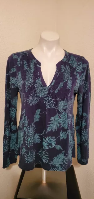 Lucky Brand Womens Medium V Neck Blouse Floral Long Sleeve Boho Shirt Top