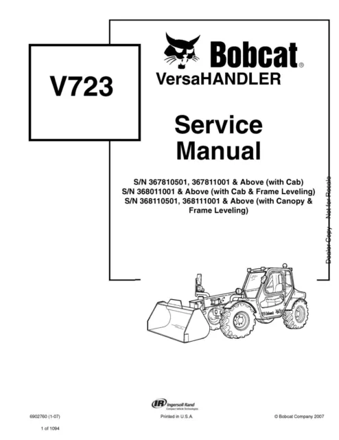 Bobcat V 723 - Service Manual - Repair Manual On Paper Printed