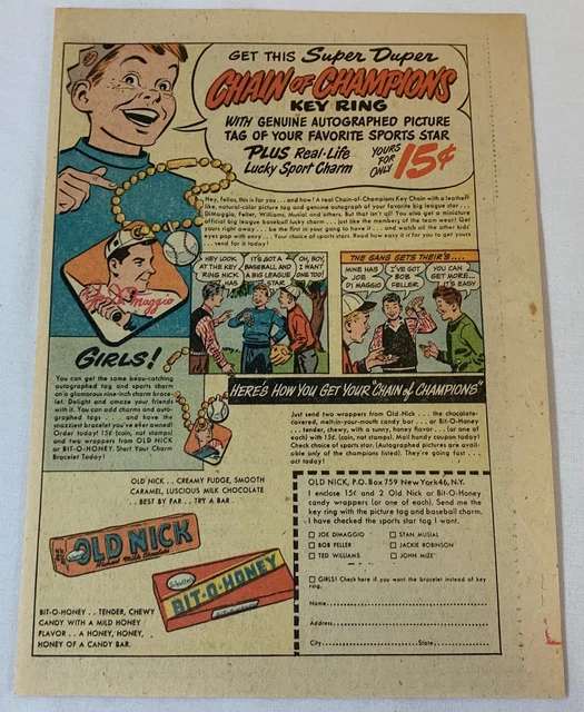 1950 Bit O Miele/Vecchio Nick Caramelle Premium Ad Pagine ~ Joe Dimaggio Chiave