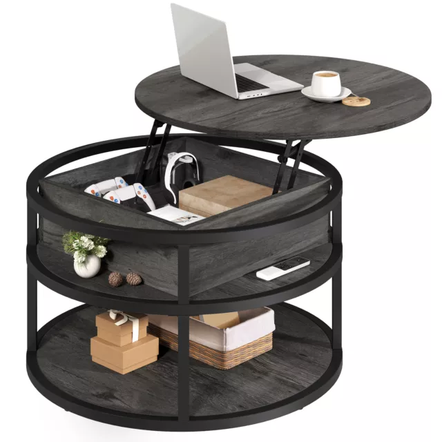 Round Lift Top Coffee Table with Hidden Compartment Storage & Bottom Shelf