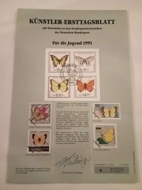 Brd Künstler-Etb 1991/15 Jugend Schmetterlinge Künstler-Ersttagsblatt