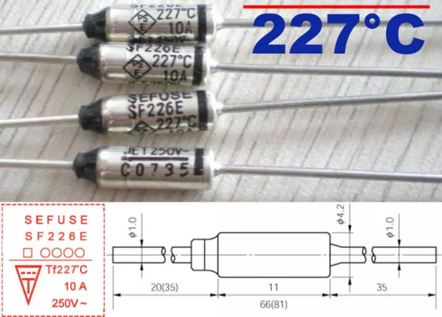 5Pcs Microtemp Thermal Fuse 227°C 227 Degree TF Cutoff SF226E 10A AC 250V New