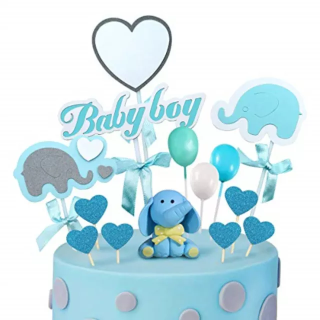 Blue Elephant Baby Shower Cake Topper Decoration for Baby Boy, Elephant Theme