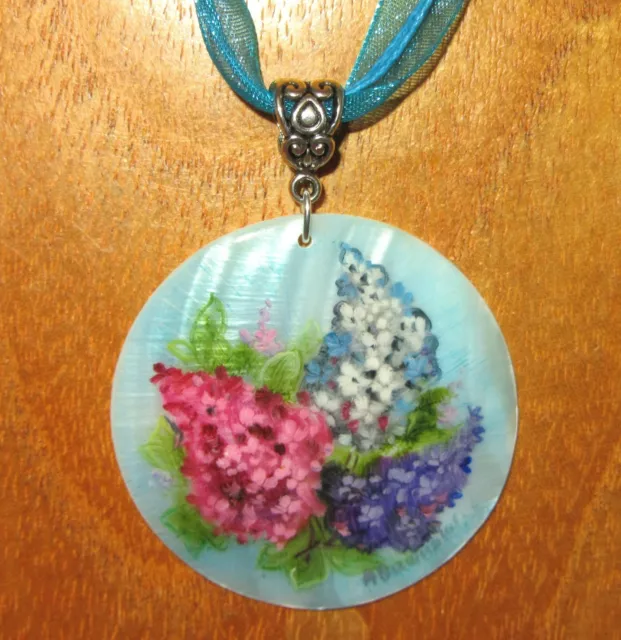 Pendant Shell Genuine Russian ART Hand Painted White Lip LILAC TREE PINK FLOWERS