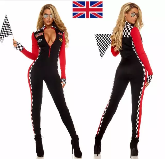 Women Sexy Race Car Driver Costume Racer Girl Jumpsuit with Gloves Fancy Dress