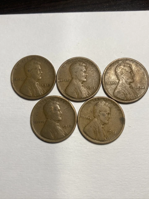 Lincoln wheat cent lot / 1910 1911 1914 1916 1918 /5 old US copper coins pennies
