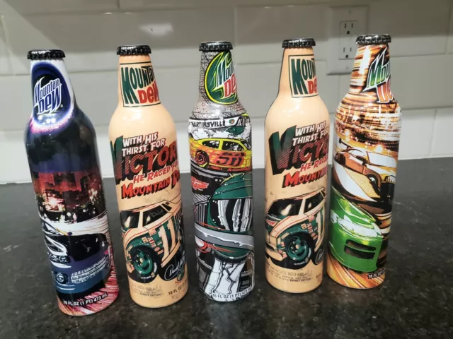 Lot of 5 Collectible Mountain Dew 16 OZ Aluminum Bottles - 2008 NASCAR UNOPENED