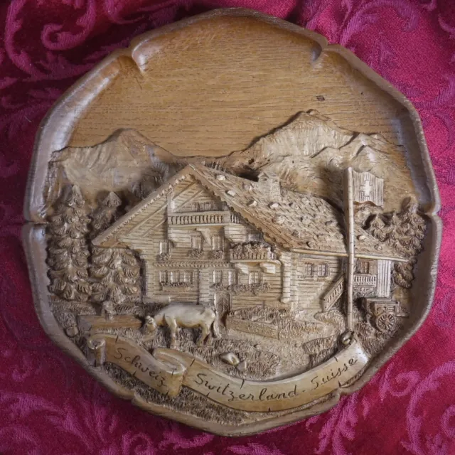 Vintage German Collectors Plate, Switzerland, 3D Carved Wood Resin Wall Plaque