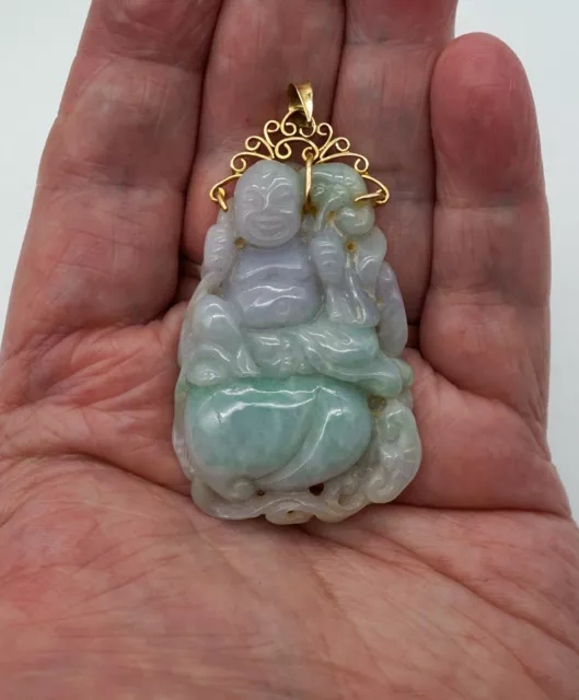 14K Gold & Multicolor Lavender Jadeite Jade Sculpted & Pierced Pendant Buddha