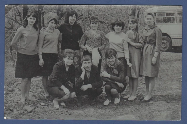 Beautiful guy and girls near the bus in nature Soviet Vintage Photo USSR