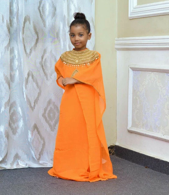 Marocchino Vestito Bambina Abaya Arancione Caftano Jilbab