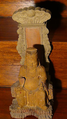 Antique 19C Chinese Wood Hand Carved Temple Statue Of Buddha With Back Stand