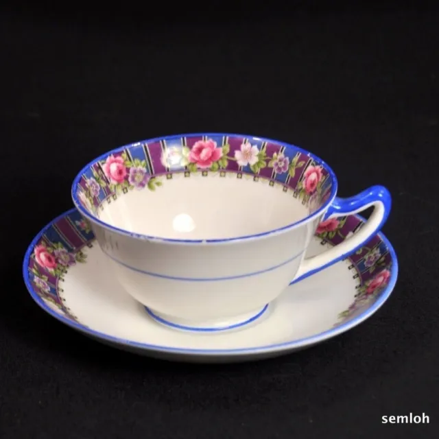 Star Paragon Cup Saucer Pink Roses Geometric Art Deco Blue Handle Trim 1921-1933