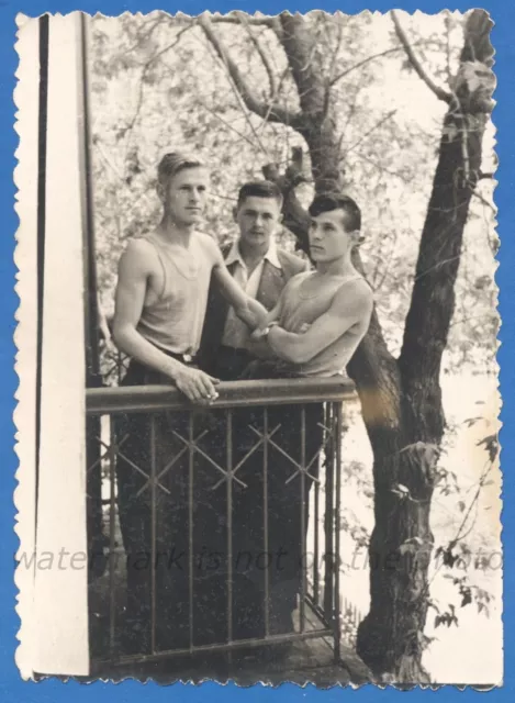 Three handsome guys smoking on the balcony Gay Int 1950s Vintage photo