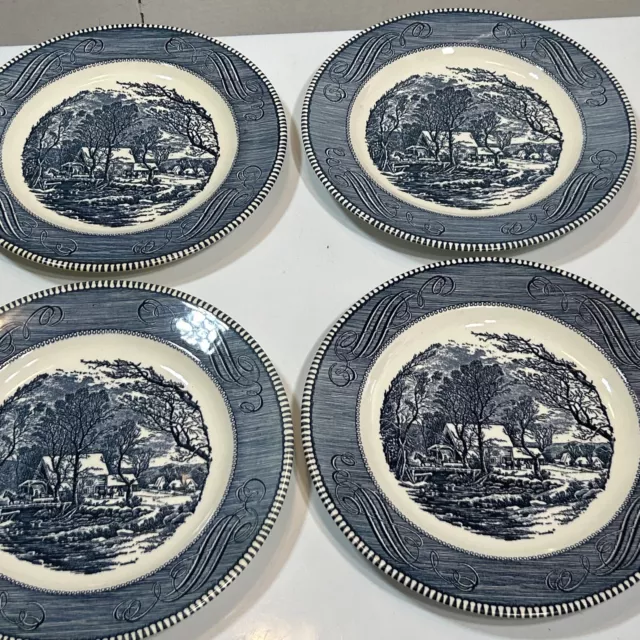 Set of 4 Royal China Blue Currier & Ives The Old Grist Mill 10" Dinner Plates
