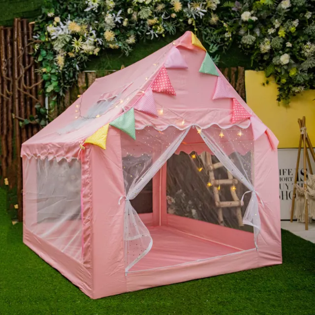 Pink Princess Castle Tents Kids Playhouse Indoor &Outdoor with Fairy Star Lights