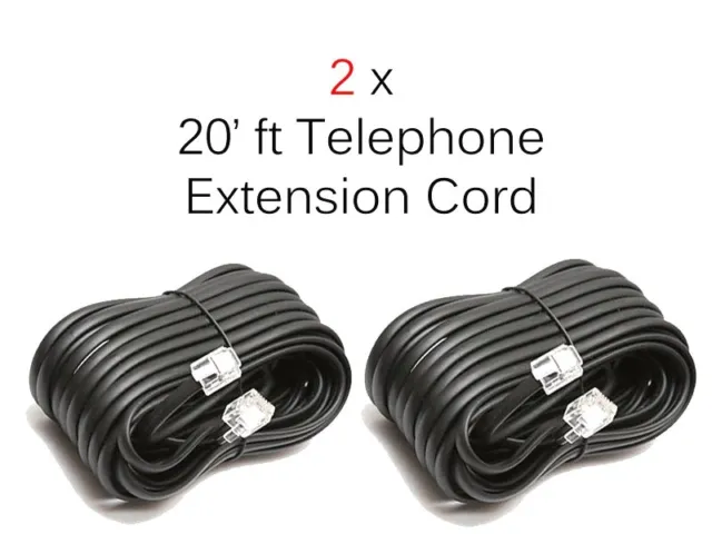 2 x 18' ft Telephone Extension Cord Phone Cable RJ-11 4 Wire Line W Jacks Black