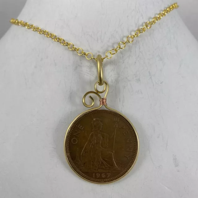 Wire Wrap ~ 1967 ~ ELIZABETH II DEL GRATIA REGINA One Penny Pendant 18" Chain #6