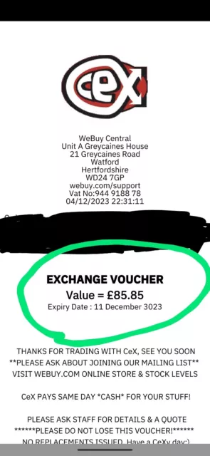 Cex Exchange Voucher Coupon Value £85.85 Cex Exchange Voucher Coupon Value £85.85