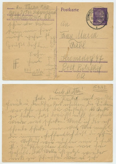 106764 - Ganzsache P 299 - Postkarte - Schwarzbach 15.6.1943 nach Kremsdorf