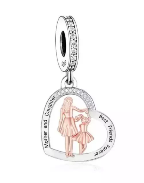 Mother And Daughter Mum Best Friends Forever Heart Dangle Charm - Silver 925