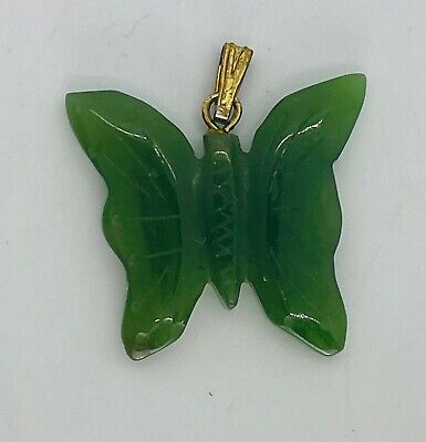 Beautiful Vintage Carved Spinach Green Jade Stone Butterfly Gold tone Pendant