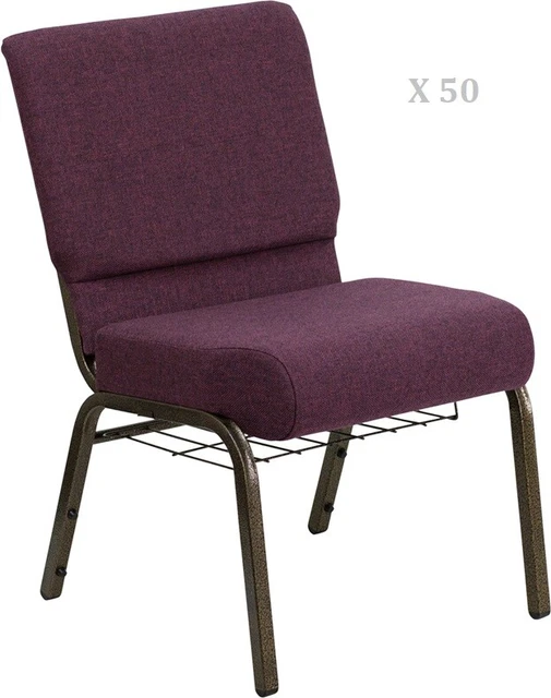 50x Plum 21'' Wide Church Chairs Gold Frame Book Rack 4” Seat Cushion 800 Lb wt