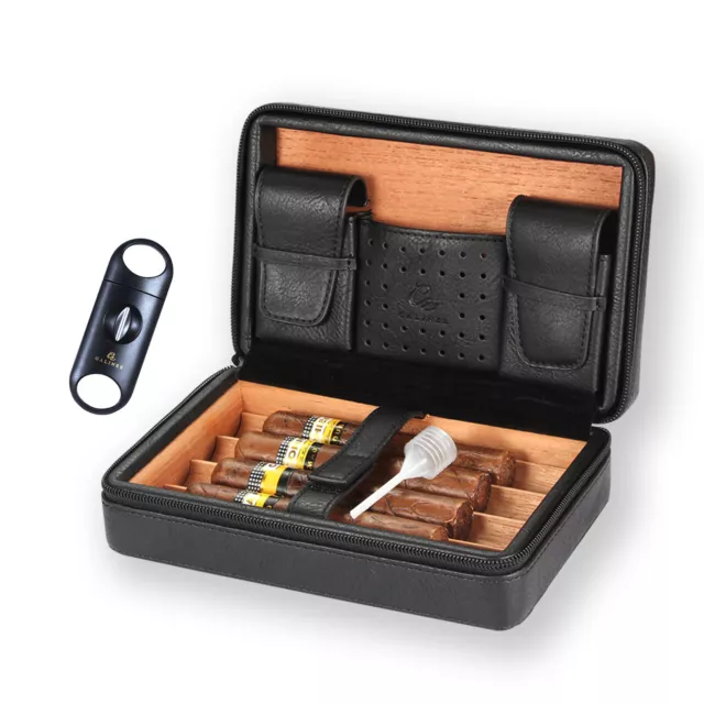 Galiner Travel Cigar Humidor Case Cedar Wood Humidity Box Leather With Cutter