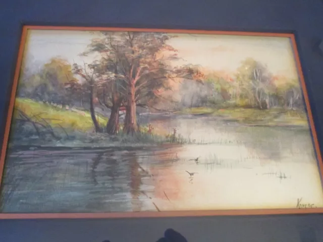 BUCOLIC FALL TREES & RIVER Original Vintage 14x17 SIGNED Watercolor Painting