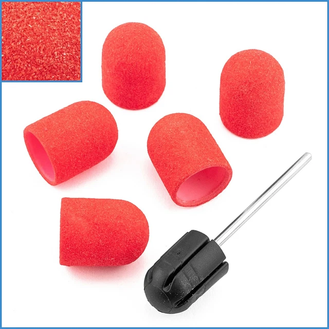 5PCS RED 120 Grit 13mm Sanding Cap Rubber Grip Mandrel Coarse Pedicure ...