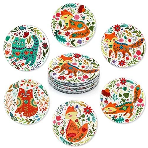 Drink Coasters Set of 6 Rubber Fabric Absorbent Coaster Cute Drink Ma...