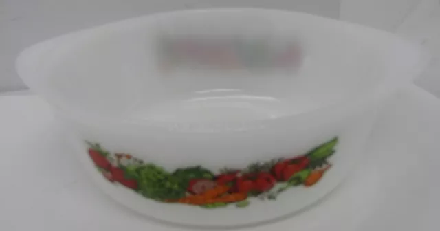 Vintage Glasbake J510 Round 1 Qt. Milk Glass Baking Dish, Vegetable Medley Motif