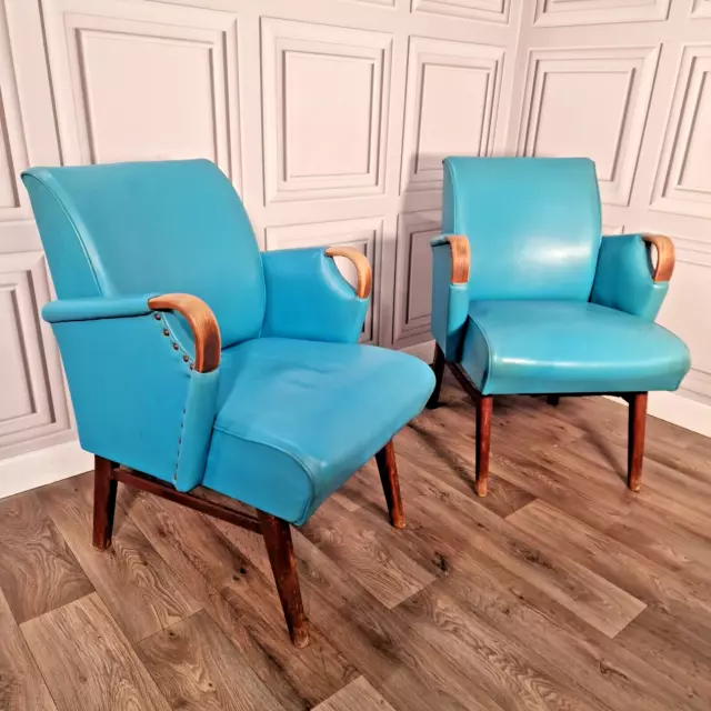Pair Vintage Art Deco Blue Vinyl Danish Lounge Club Chairs - Retro Mid-Century