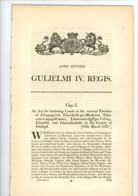 Antique Act of Parliament Inclosing Lands in the county of Denbigh 1837 document 2
