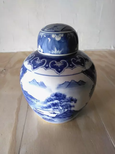 Blue & White 9" Porcelain Ginger Jar Mountain Landscape Temple Jar Lidded