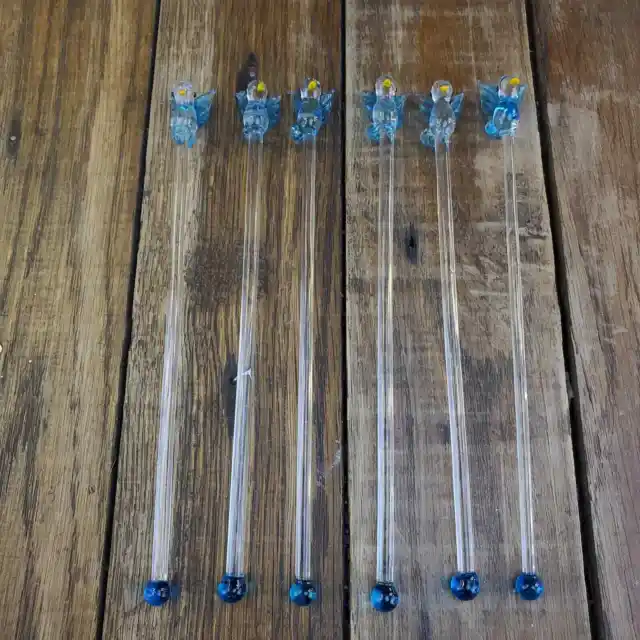 Set of 6 Hand Blown Bird Glass Swizzle Stir Sticks Cocktail Stirrers Barware