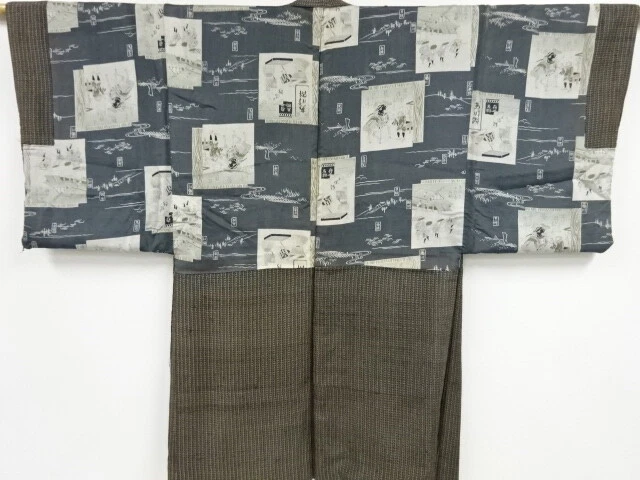 42698# Japanese Kimono / Antique Mens Haori / 53 Stations Of The Tokaido