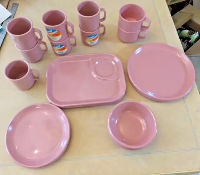 Vintage Rubbermaid Melamine Dinner Lunch Plates Bowls Cups Tray Mauve Pink 25 Pc 2