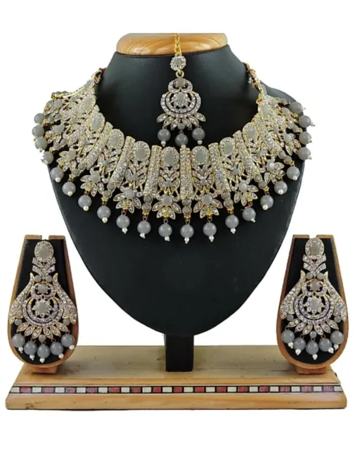 Gray Indian Traditional Wedding Gold Plated Diamond Pearl Stud Bridal Jewelry