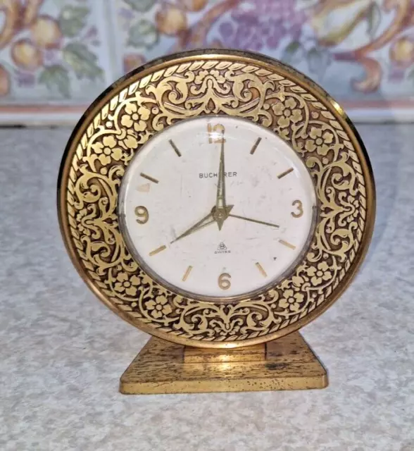 Solid Brass Vintage Bucherer Swiss Made Alarm Clock / Manual Movement Working