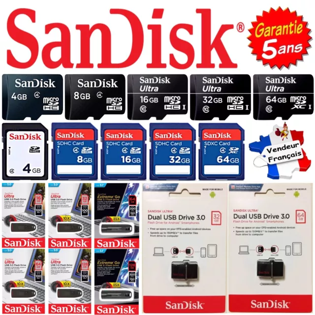 Carte Mémoire ou Clé USB SANDISK : SD / Micro SD 4 8 16 32 64 128 256 Go Gb Giga