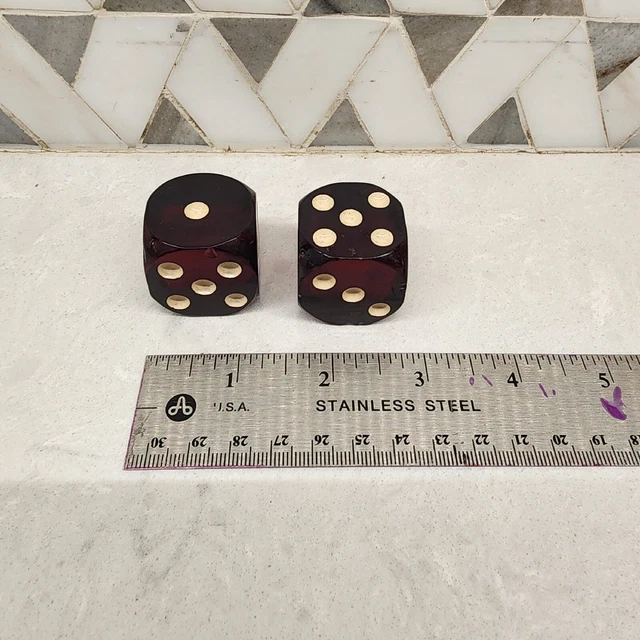 Vintage Pair of Bakelite Dice Black Dark Red to Dark Amber 1 1/8"
