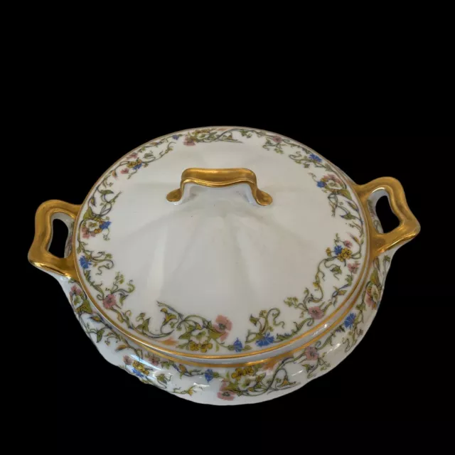 VTG Haviland Limoges France Covered Serving Bowl with Lid Gold Trim Flowers 2