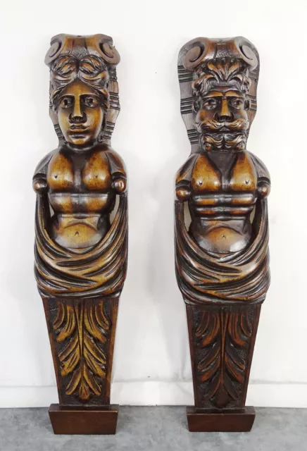 13.4"Two Antique French Carved Walnut Wood Trim Pillars Wall Columns Man & Woman