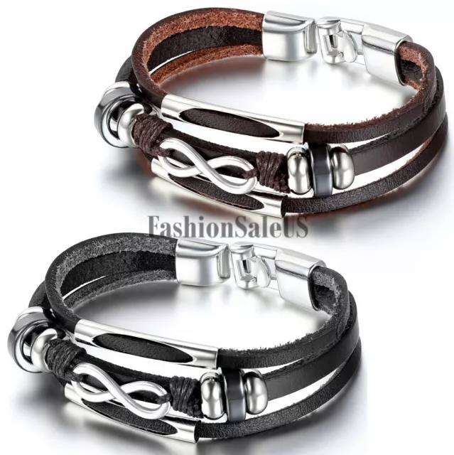 Unisex Mens Womens Love Infinity Symbol Leather Bracelet Strap Charm Cuff Bangle