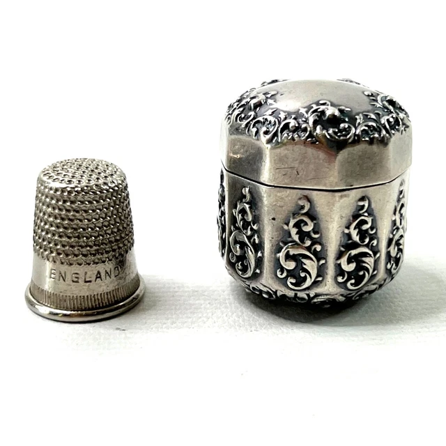 Antique Sterling Silver Thimble Holder Chatelaine Charm England Floral Scroll