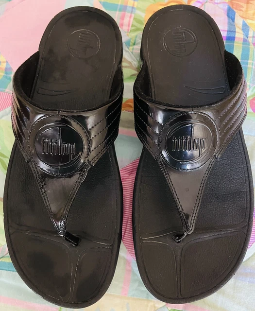 🍒FIT FLOP sz 10 Classic Walkstar BLACK PATENT SANDALS Thong Comfort FitFlop